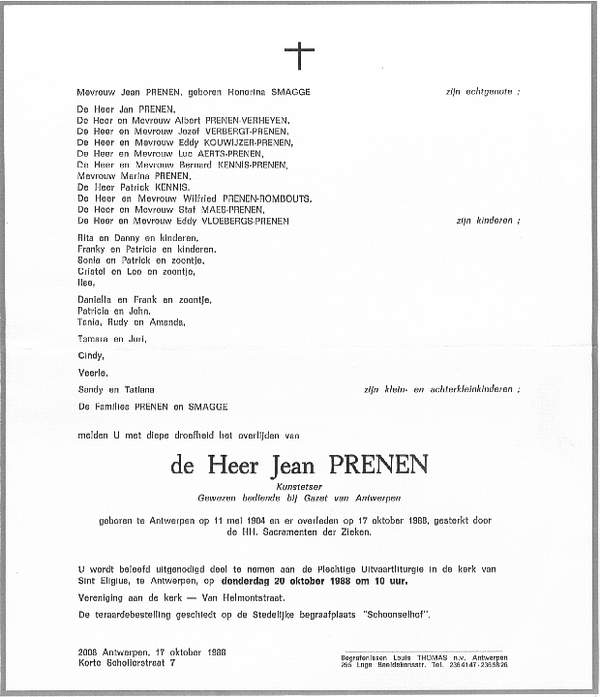 Overlijdensbrief Jean Prenen